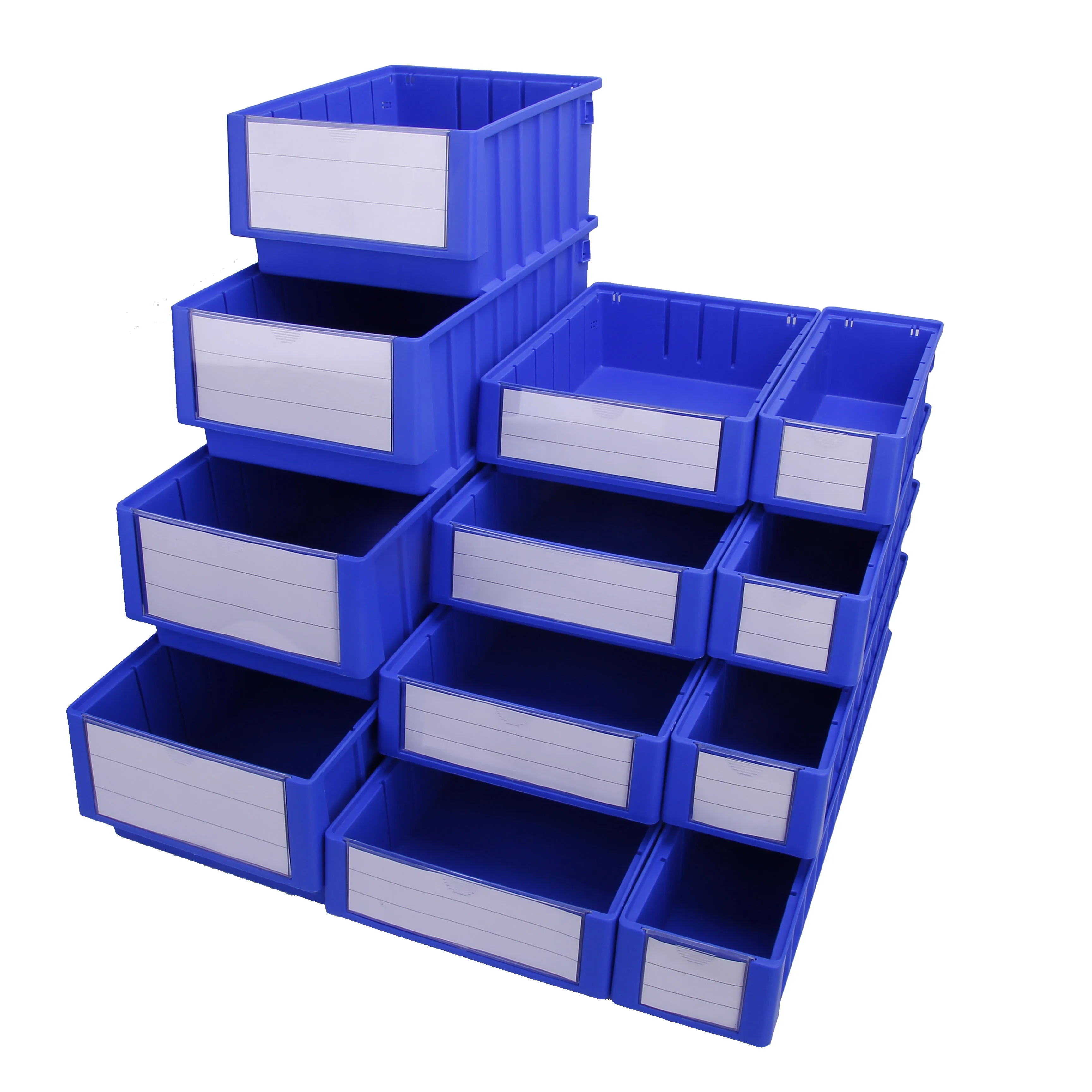 Solid Box Style Stackable Bins for Organized Parts Storage in Storehouse