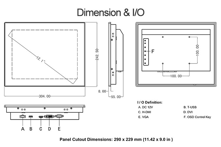 Flat 12" Led Industrial Touch Screen Display 10 Points Vesa Mounting