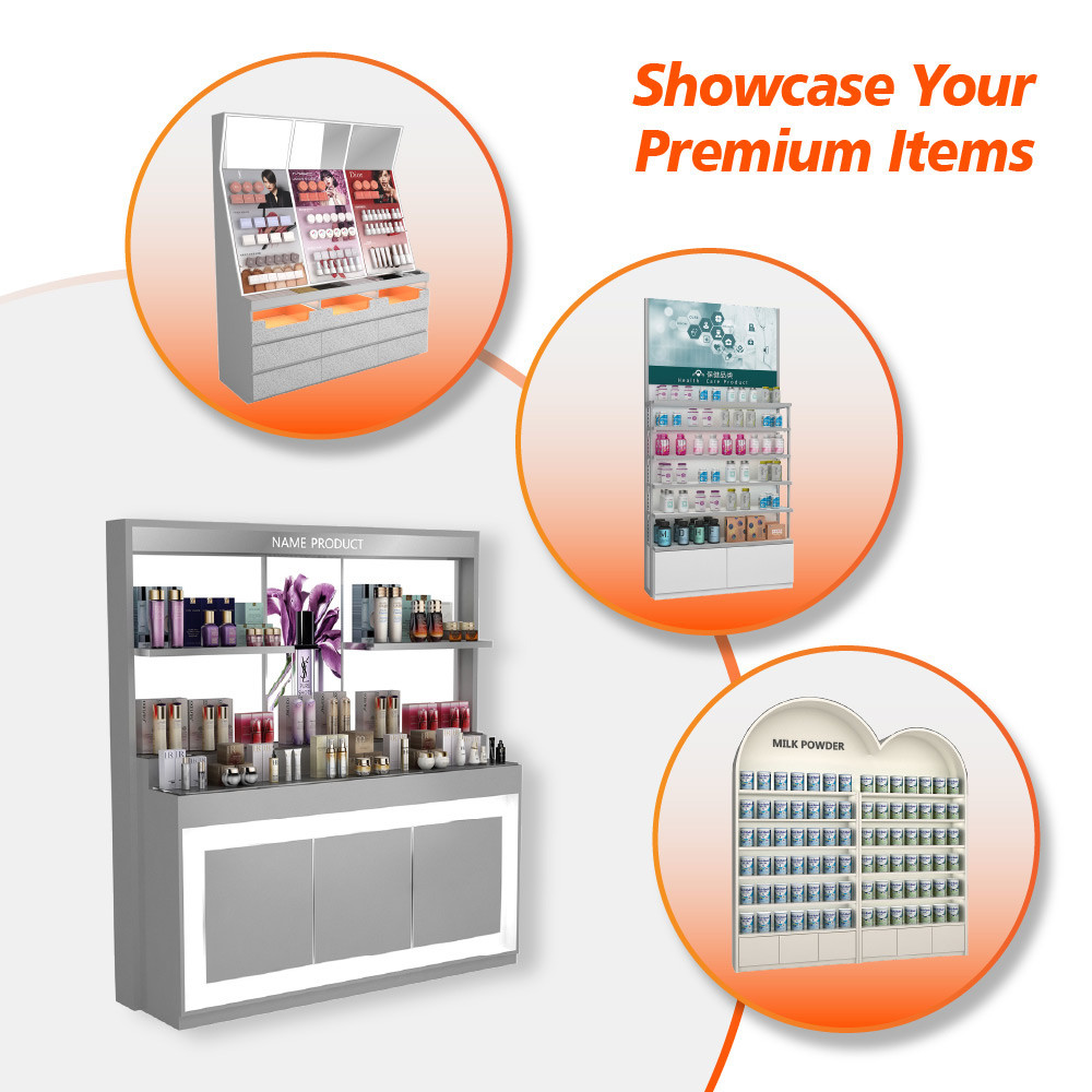GDR09-Y001-C Retail Display Counter with Acrylic Panel Graphics and Cable Management Hole for Cosmetics Counter
