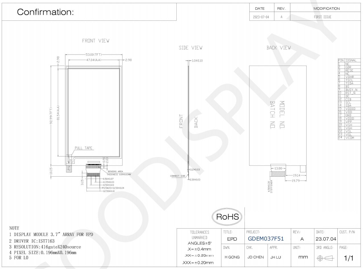 3.7'' 4 Color 416*240 IST7163 Based E-paper Display EPD