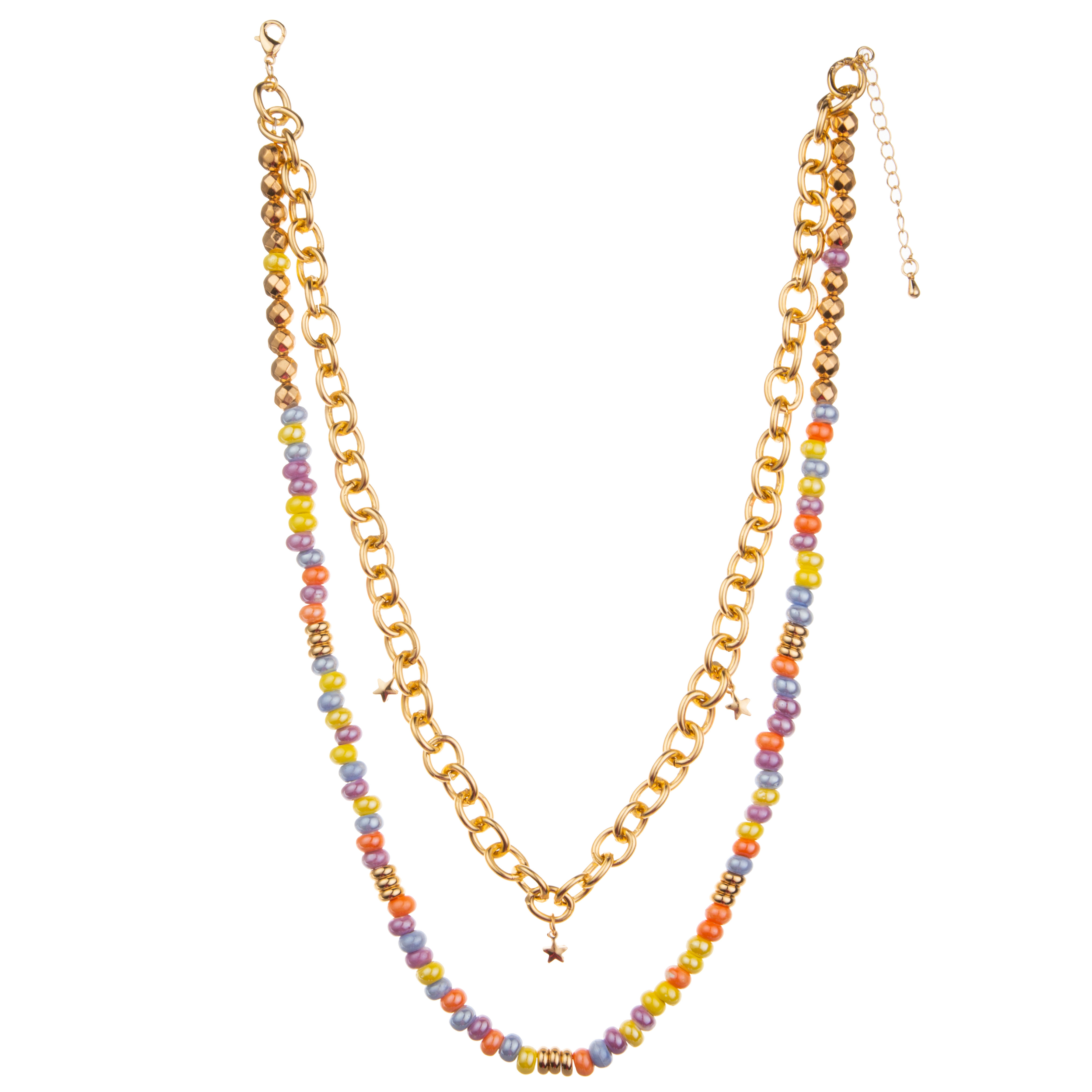 Wholesale 14K Gold-Plated Pendant Paper Clip Chain Link Multicolor Beaded Necklace Set