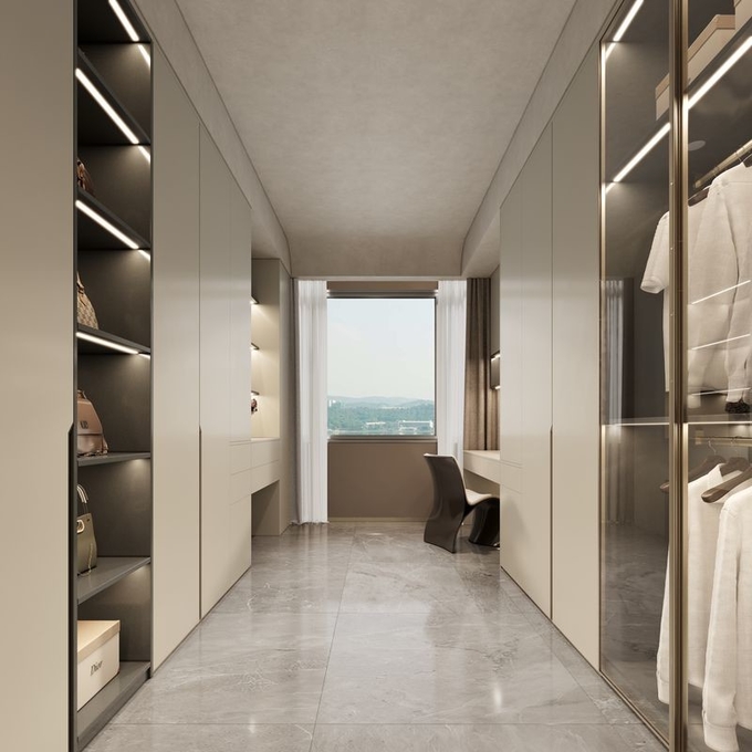White Apricot Finish Stainless Steel Walk-In Closet With Dual-Line Design