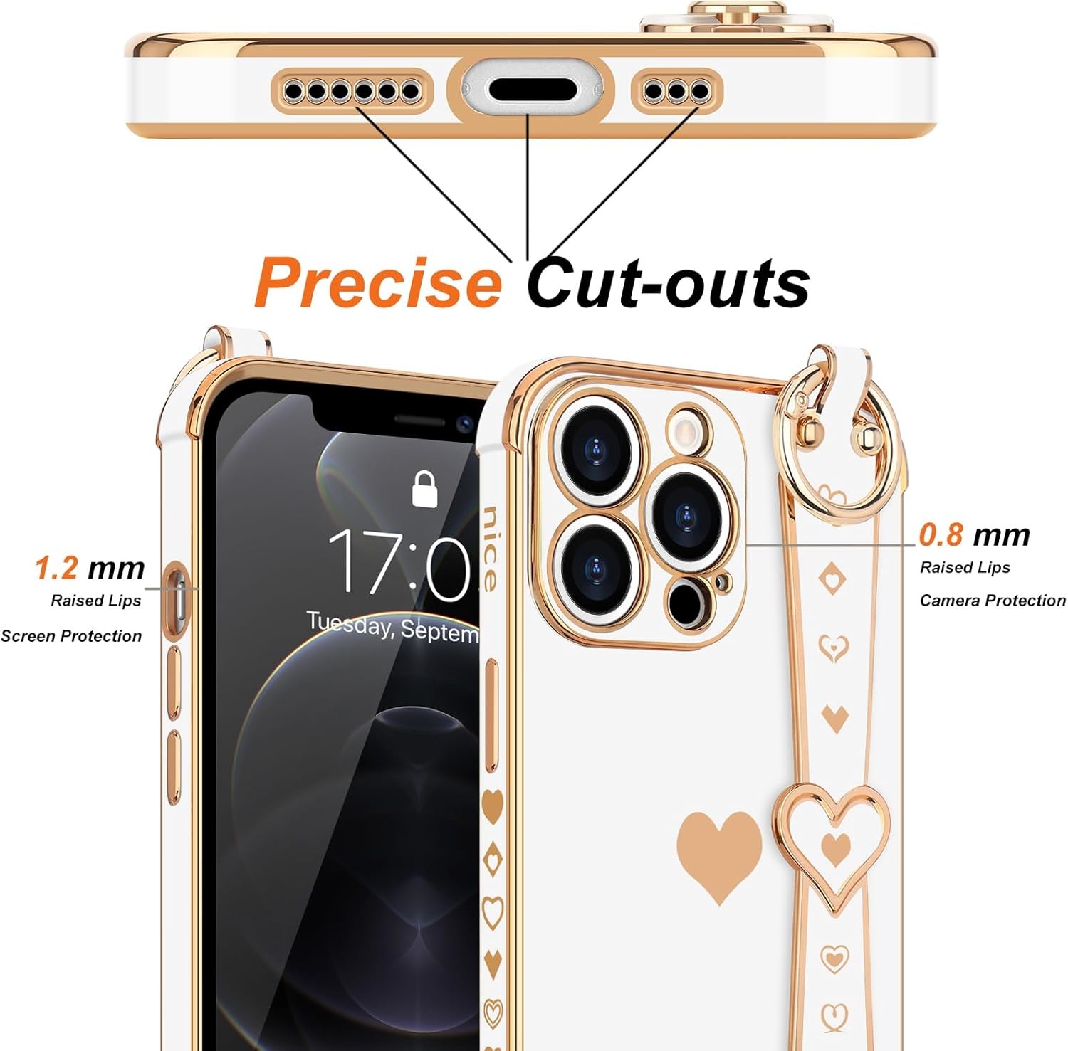 iPhone 12 Pro Cute Love-Heart Plating Strap Phone Cover for Women Girls Bling Silicone Camera Lens Protection Bumper