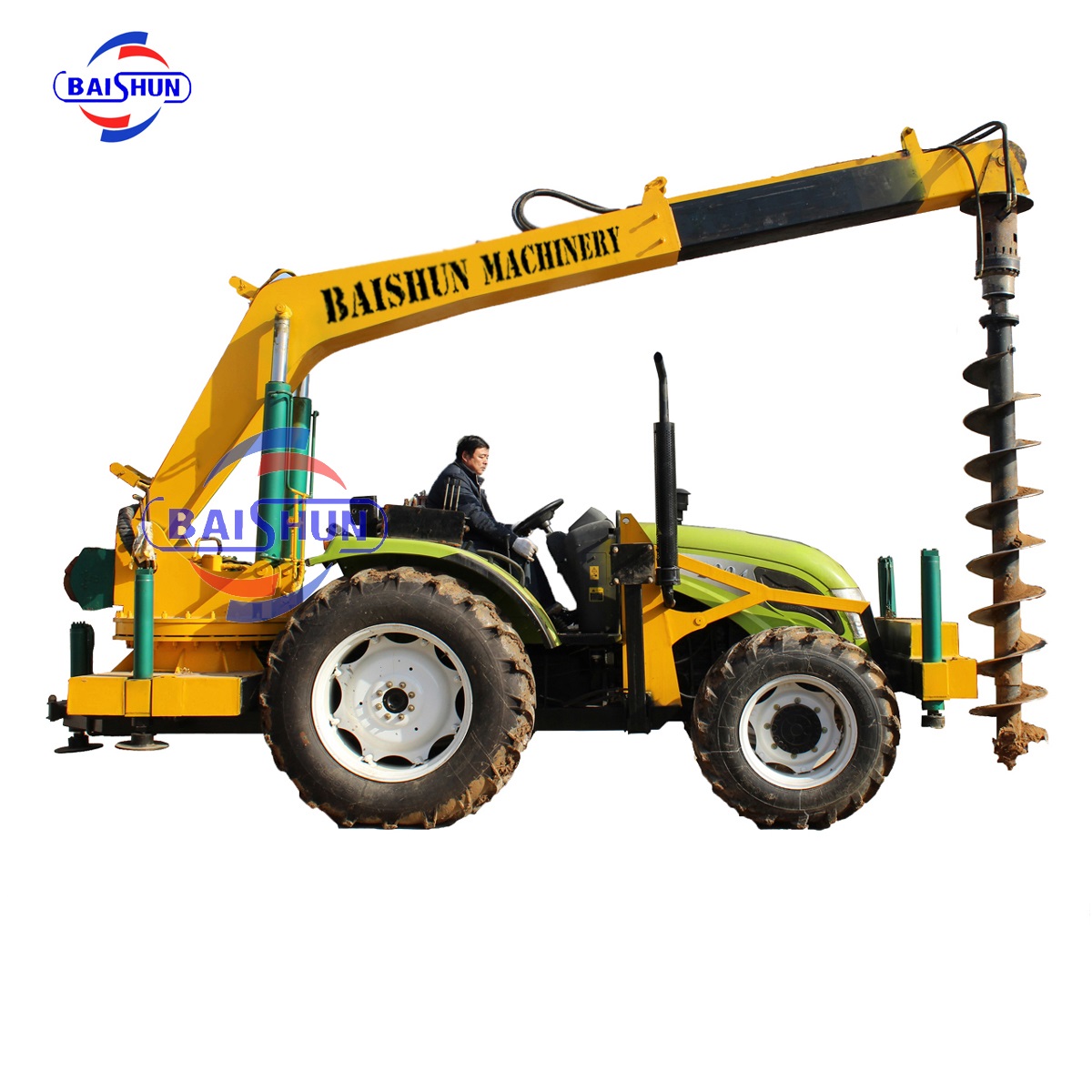 Wooden pole erecting by tractor mounted post hole digger machine