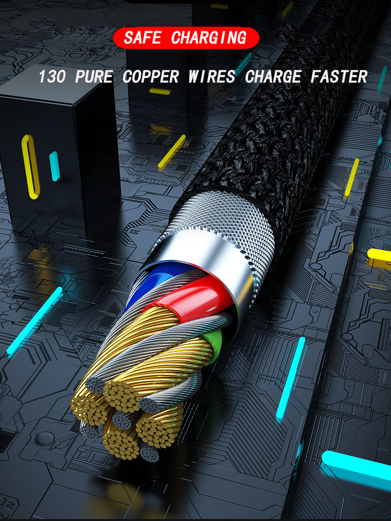 OEM ODM Cotton Braided 1.3m 3 In 1 Data Cable Type C Mobile Phone