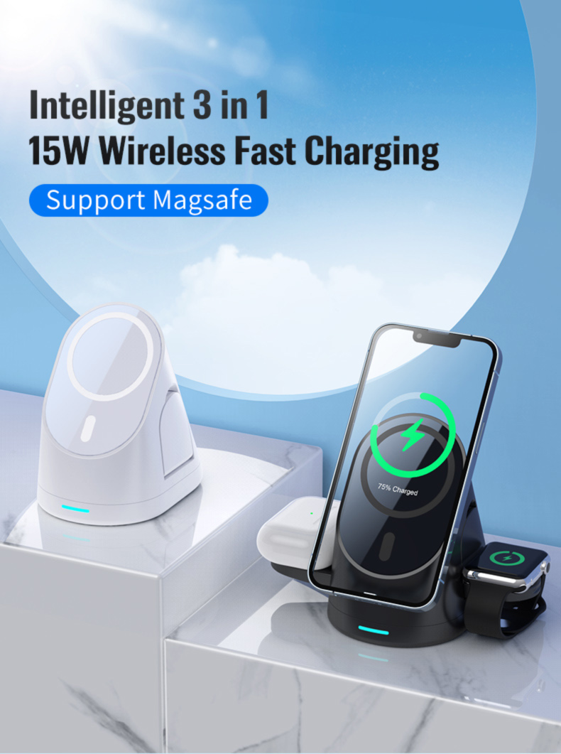15W Portable QI Multifunctional 3 in 1 Magnetic Wireless Stand For iPhone 15 14 13 Pro