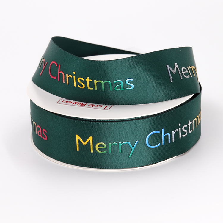 Colorful Fabric Christmas Ribbon Custom Printed Logo 100% Polyester Material