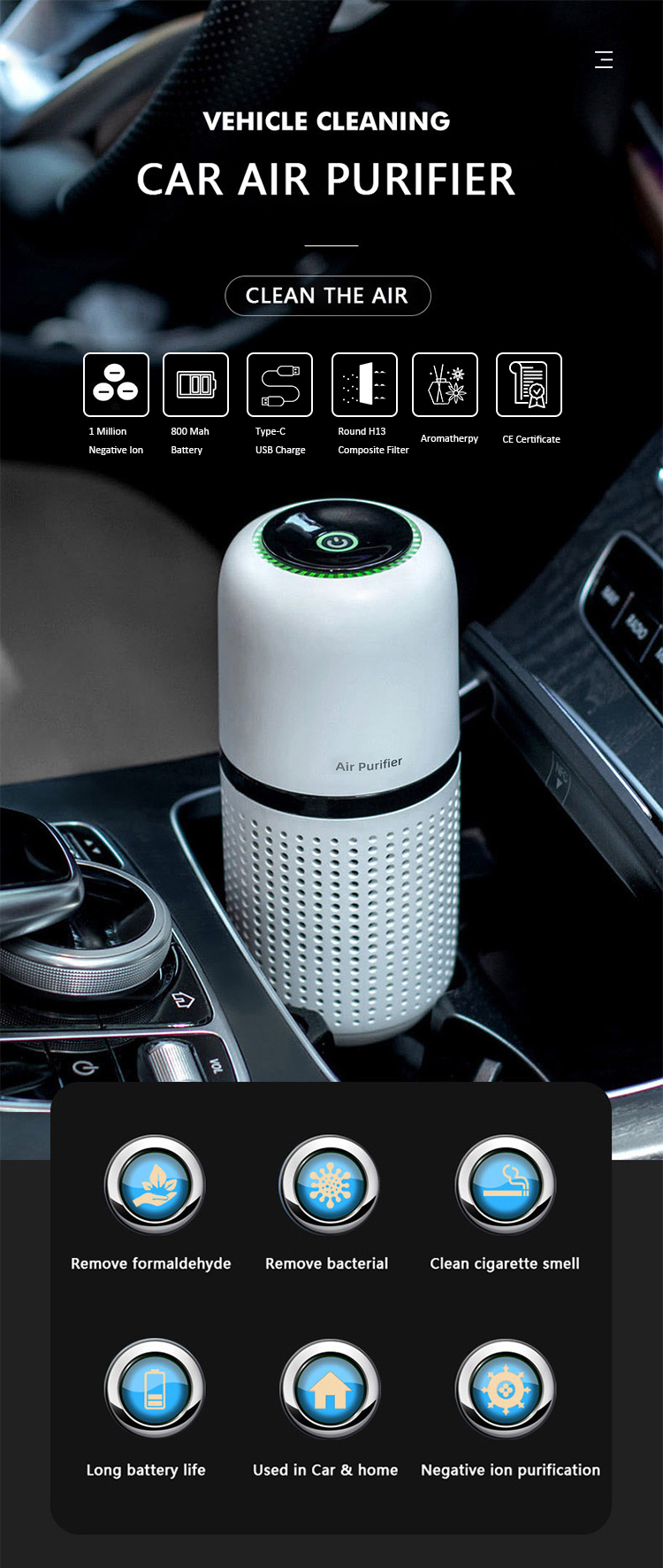 2023 New Arrival Intelligent Portable Car Air Purifier Aromatherapy Machine Multiple Filtering Negative Iron Air Purifier