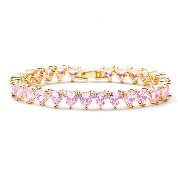 18k Gold Plated Full Diamond Bracelet 925 Sterling Silver Pink White Heart