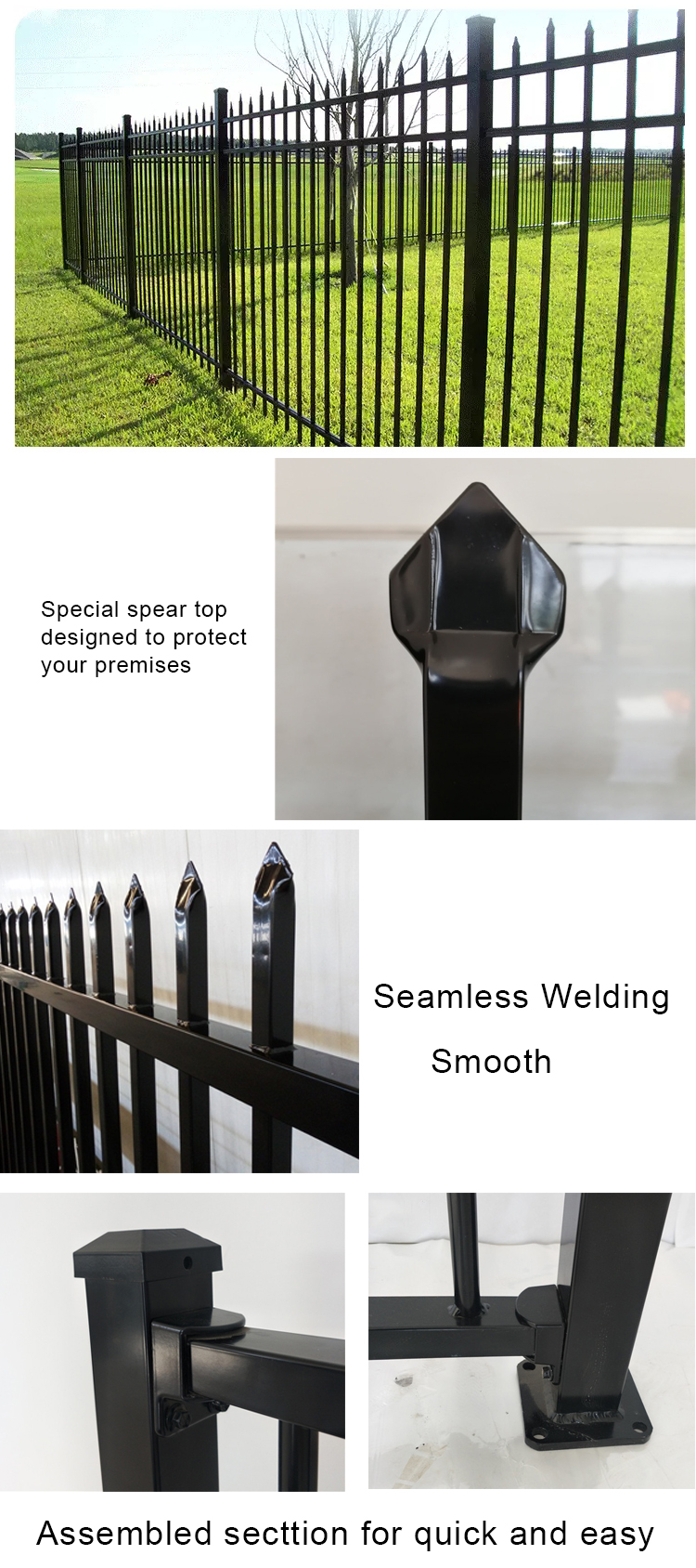 Factory Customizable Galvanized Steel Fence Panels Powder Coated Black Steel Wrought Iron Fence