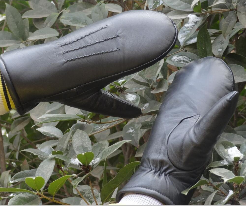 Australian Goat Skins Leather Mitten Warm Lamb Fur Shearing Lining Nappa Winter Gloves for Men