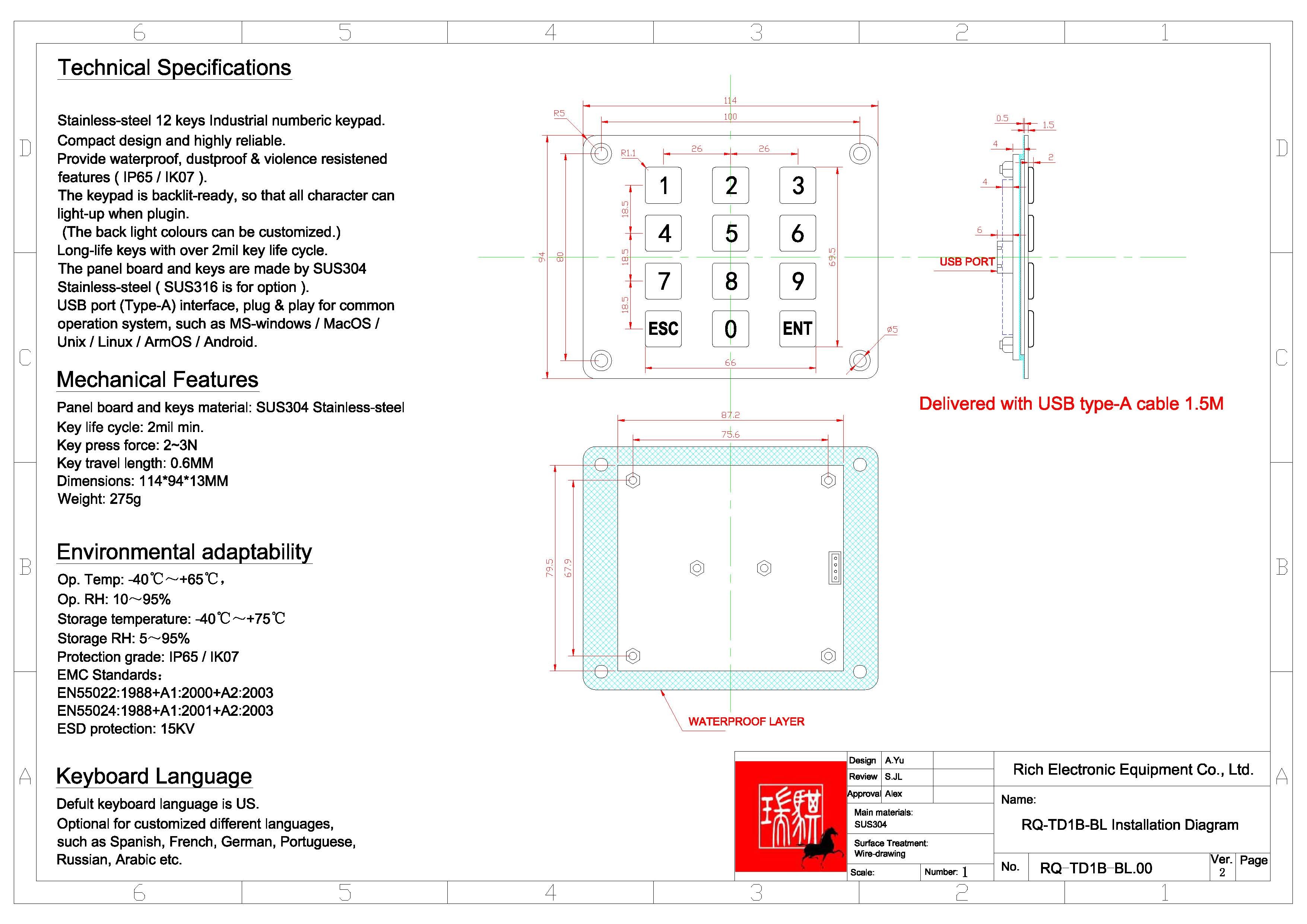 IP65 / IK07 Waterproof USB interface Stainless Steel 12 Keys Backlit Numeric Keypad Front Panel Mounted -40℃