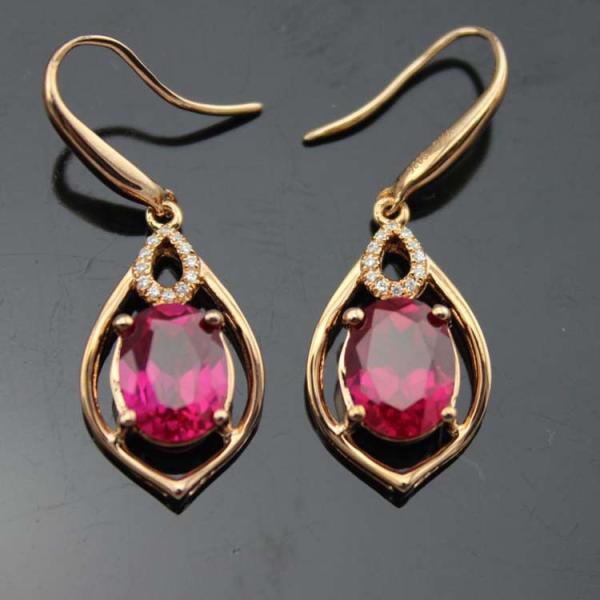Rose Gold 925 Silver 7mmx9mm Oval Ruby Cubic Zirconia Dangle Drop Earrings