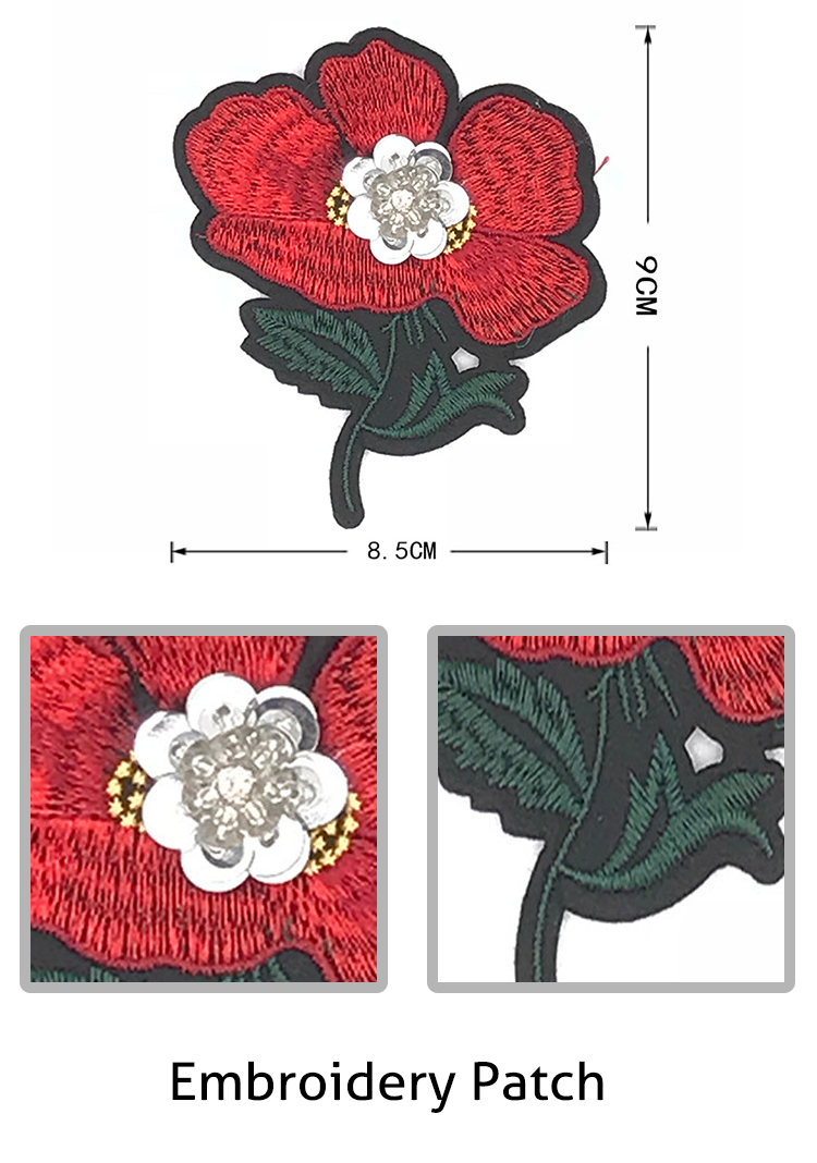 Hand-made Fabric Embroidery Patches,Red Rose Embroidery Patch#C10003