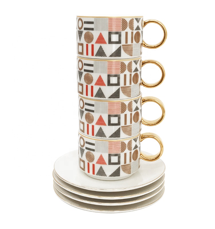 Ceramic Sauce Dish Tea Cup Pottery Ceramic Stacking Coffee Cups And Saucers With Gold Handle