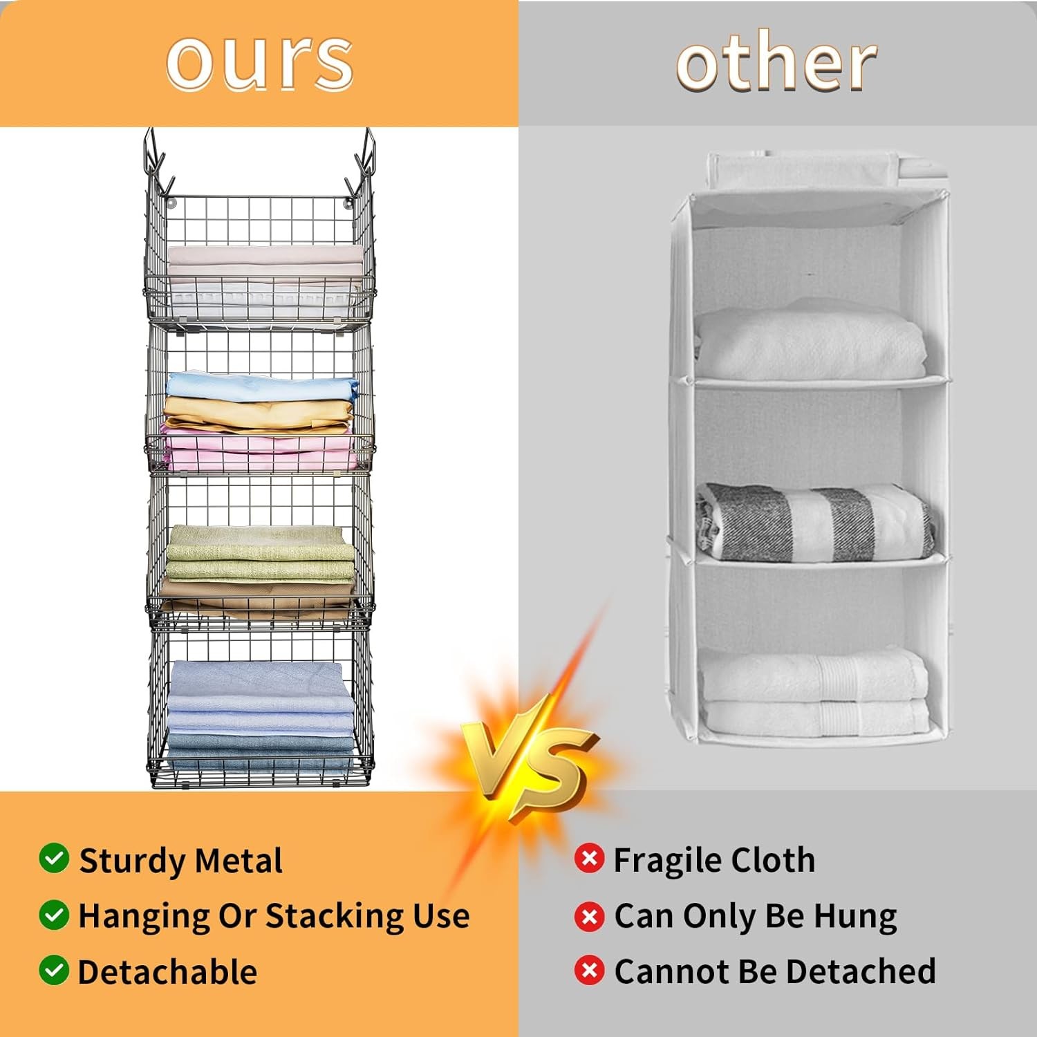 X-COSRACK 4 TIER FOLDABLE CLOSET ORGANIZER, CLOTHES SHELVES WITH 5 S HOOKS, WALL MOUNT&CABINET WIRE STORAGE BASKET BINS,