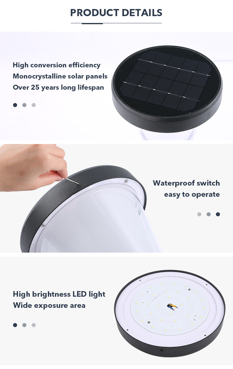 Energy Saving IP65 Solar Post Lights With Mono Solar Panel Aluminum Column Lamp