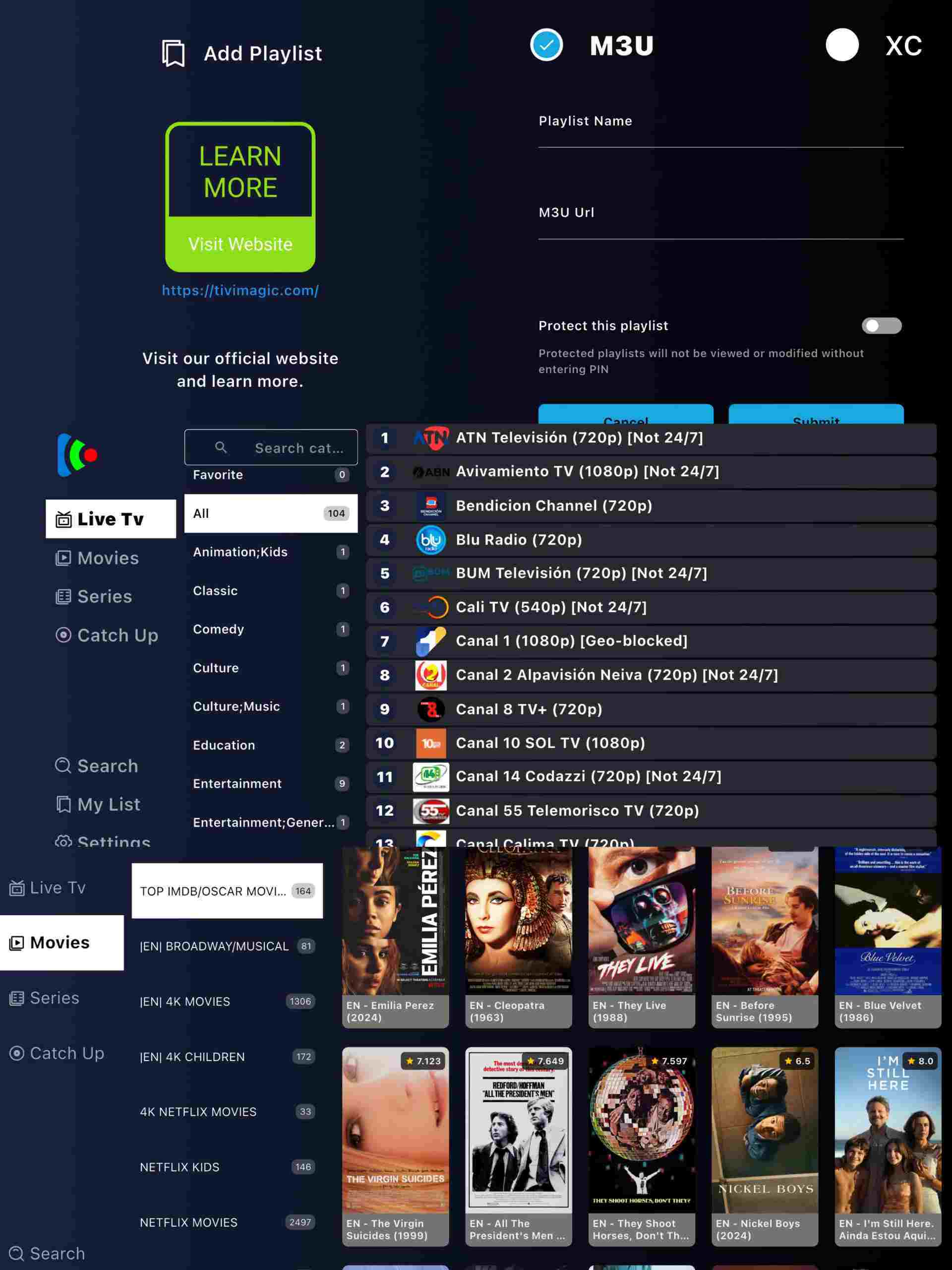 Tivimagic IPTV player interface on Voda TV Box