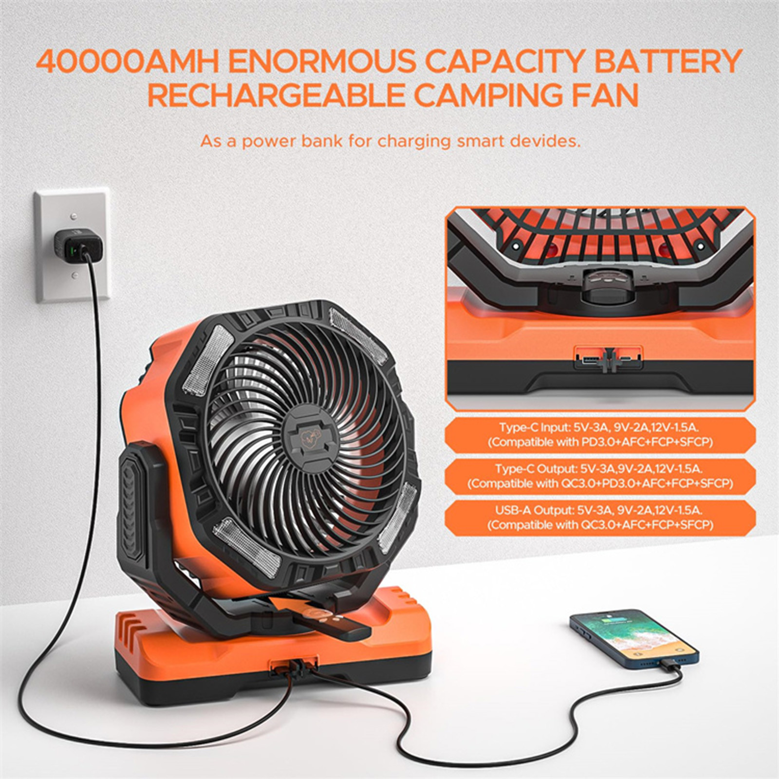 Socool Fan 40000mAh 5 Speed Portable Camping Fan Levels Rechargeable Fan With ABS Body Silicone Jacket Manganese Steel Hook And Bracket
