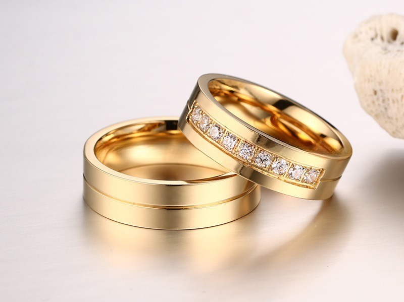6mm Wedding Stainless Steel Rings with CZ Stone Inlay Gold Plated Flat Edges Couples