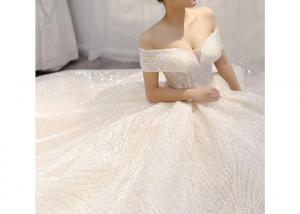  Big Long Tail Bridal Gown Light Gold Beading Off Shoulder Sexy Ball Gown Manufactures