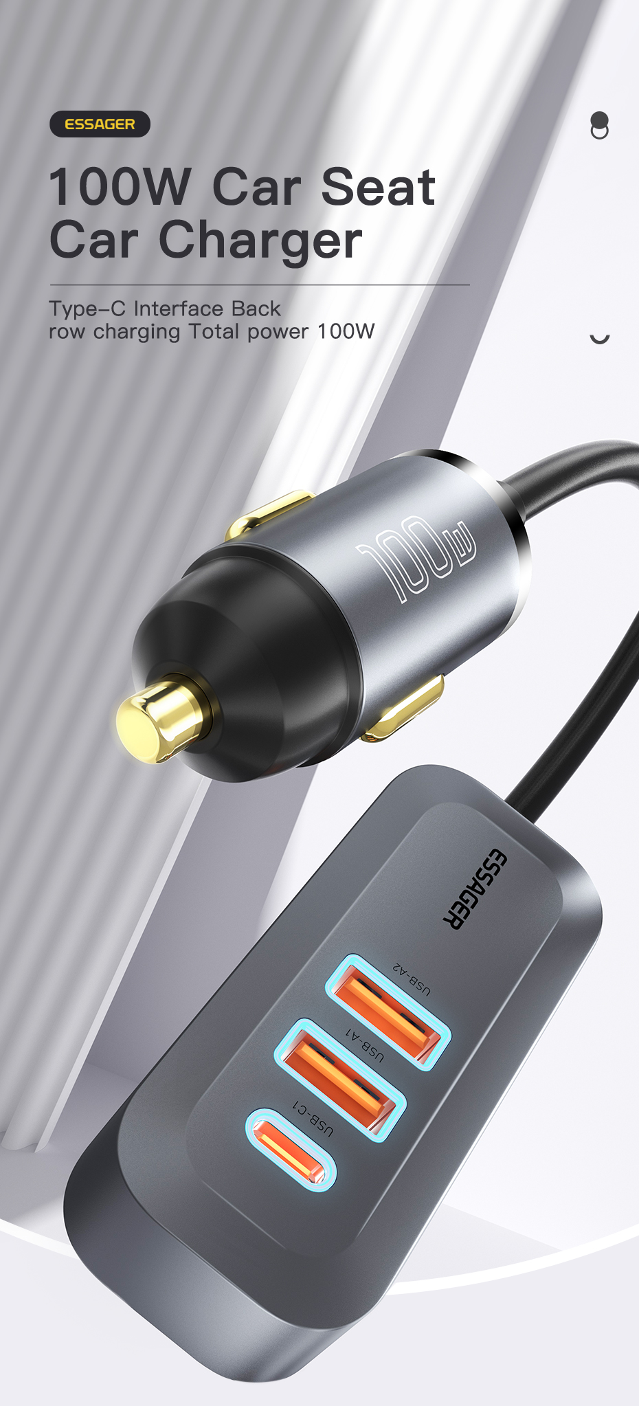 Essager 2022 Doution Car Charger 1.5m Extension Cable 2C2A 100W Car Charger For Huawei Xiaomi Mobile Phone