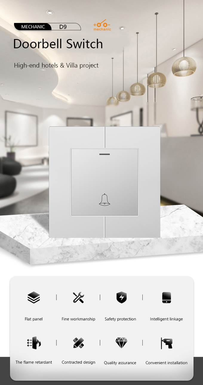 Glass / Metal Electrical Wall Switch , 10A 250V Doorbell Light Switch