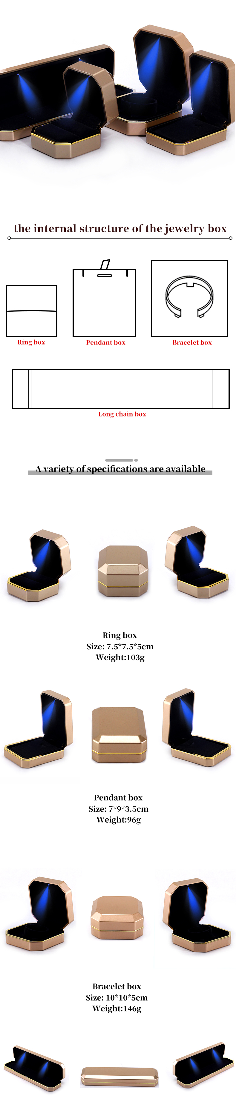 Octagonal Convex Plastic Velvet Jewelry Box LED Light Display Case Custom Size