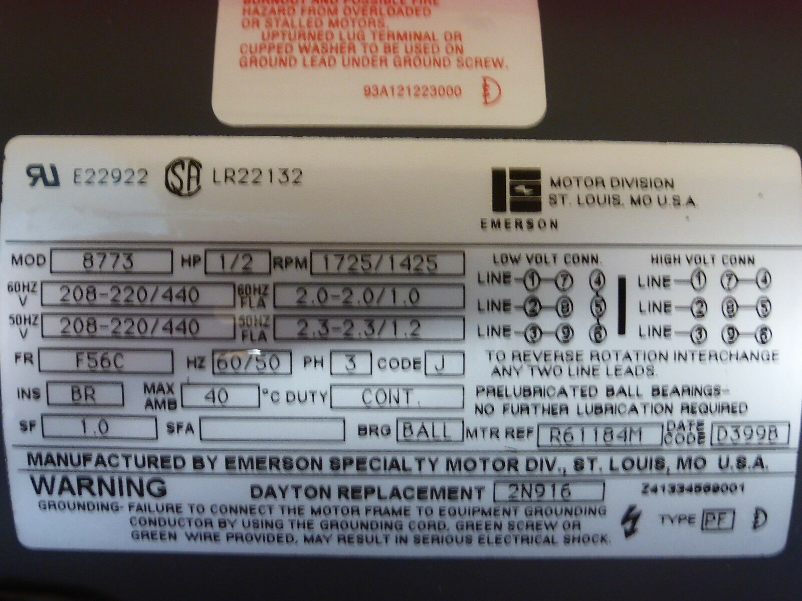 8773 Electric Motor 1HP / 2HP 1725RPM /1425RPM Frame 56C Size 5/8'' Diameter