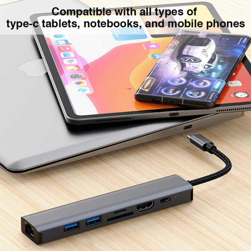 Gray 7 In 1 USB C Type C Hub with 1000M RJ45 Gigabit Ethernet 4K HDMI PD 100W Adapter