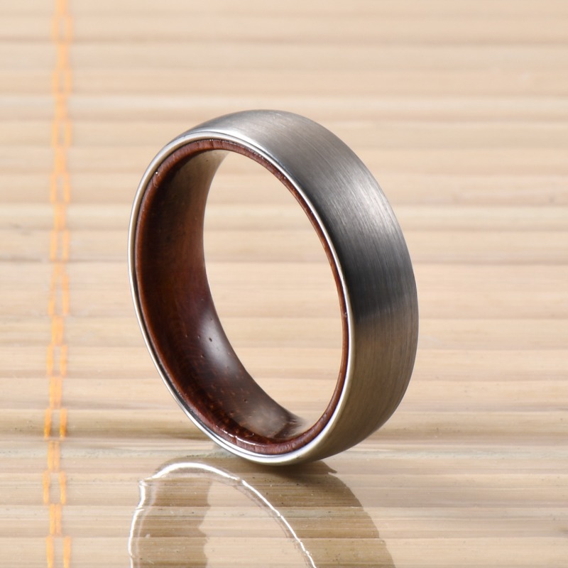 Geometric Pattern Tungsten Wedding Band for Men and Women 6mm Rose Wood Inner Ring in Beveled or Offest Grooved Styles