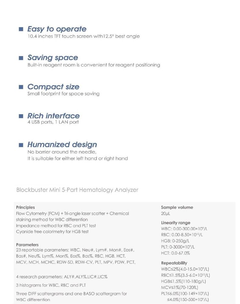 Automated Quick Tester 5-part Blood Counter Biochemical Analysis System Classification