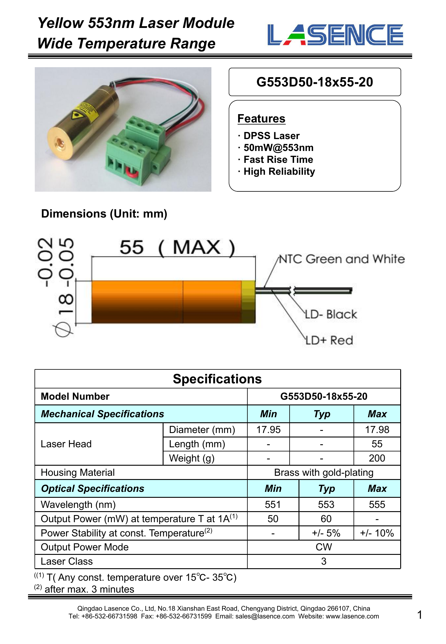 650nm 5VDC Line Laser Module with 5000 Hours Lifetime and Brass Gold-plated Housing