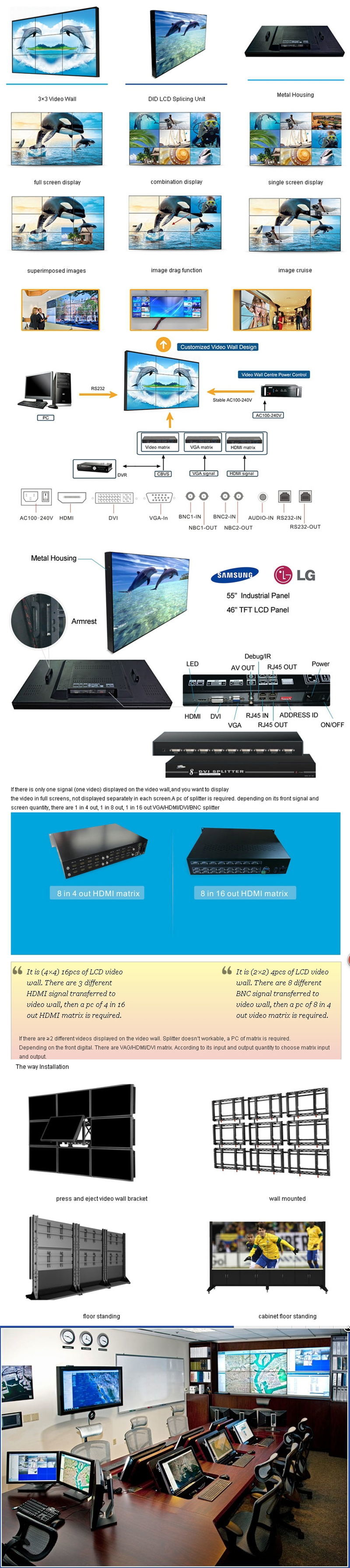 Large Indoor CCTV Video Wall With 2 X HDMI Input , DVI Input , VGA Input
