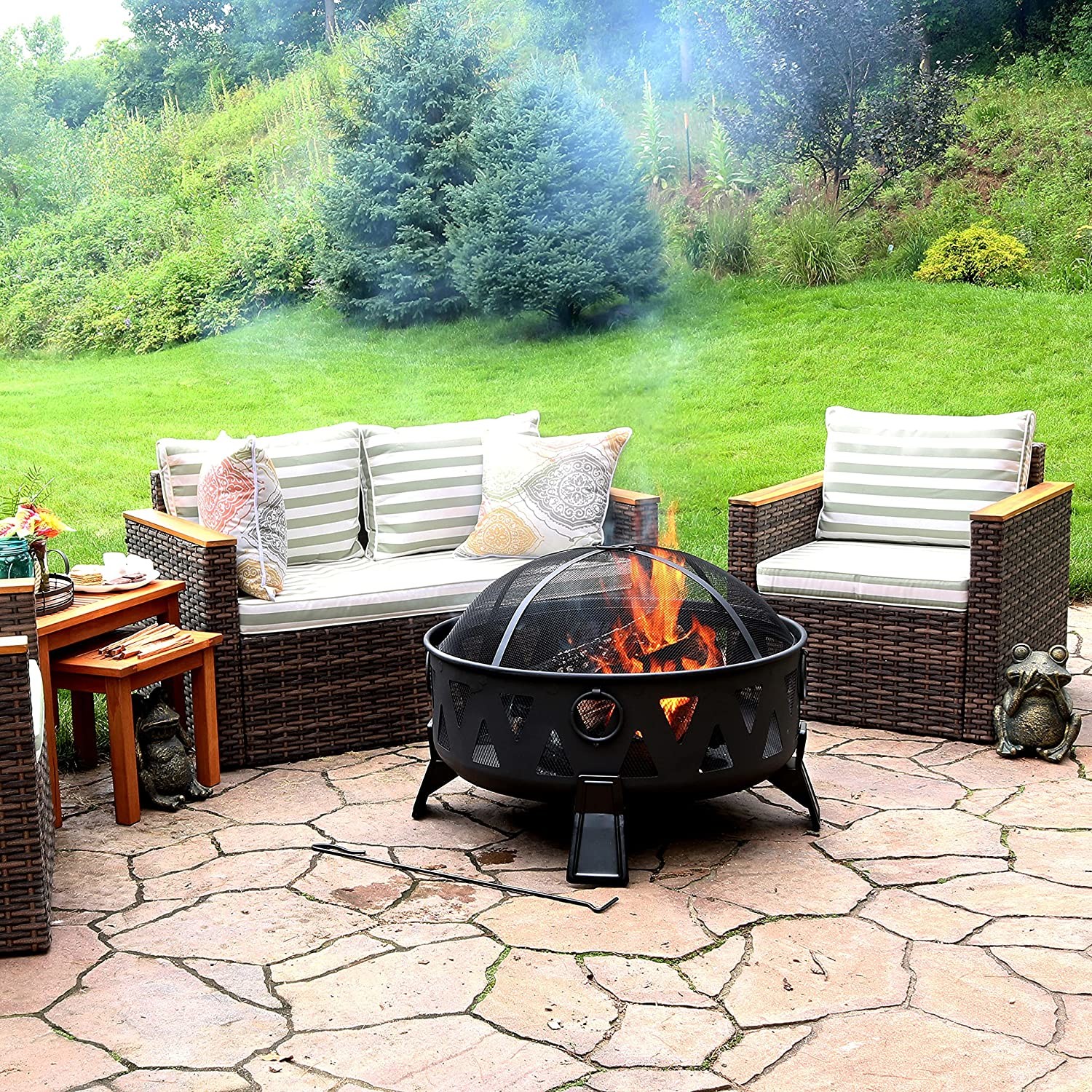 Portable Steel Charcoal Fire Pit With Geometric Triangle Cutouts Outdoor
