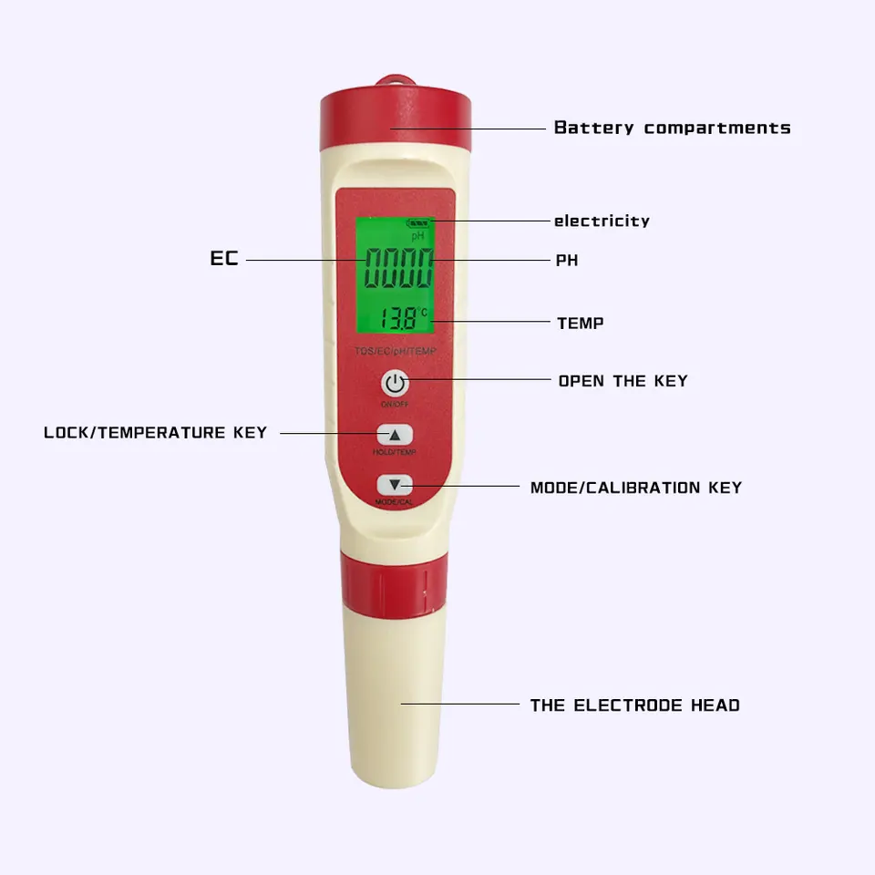 LCD Display Screen Water Test Pen 4 in 1 Tds/ec/ph/temp Meter for Temperature Control