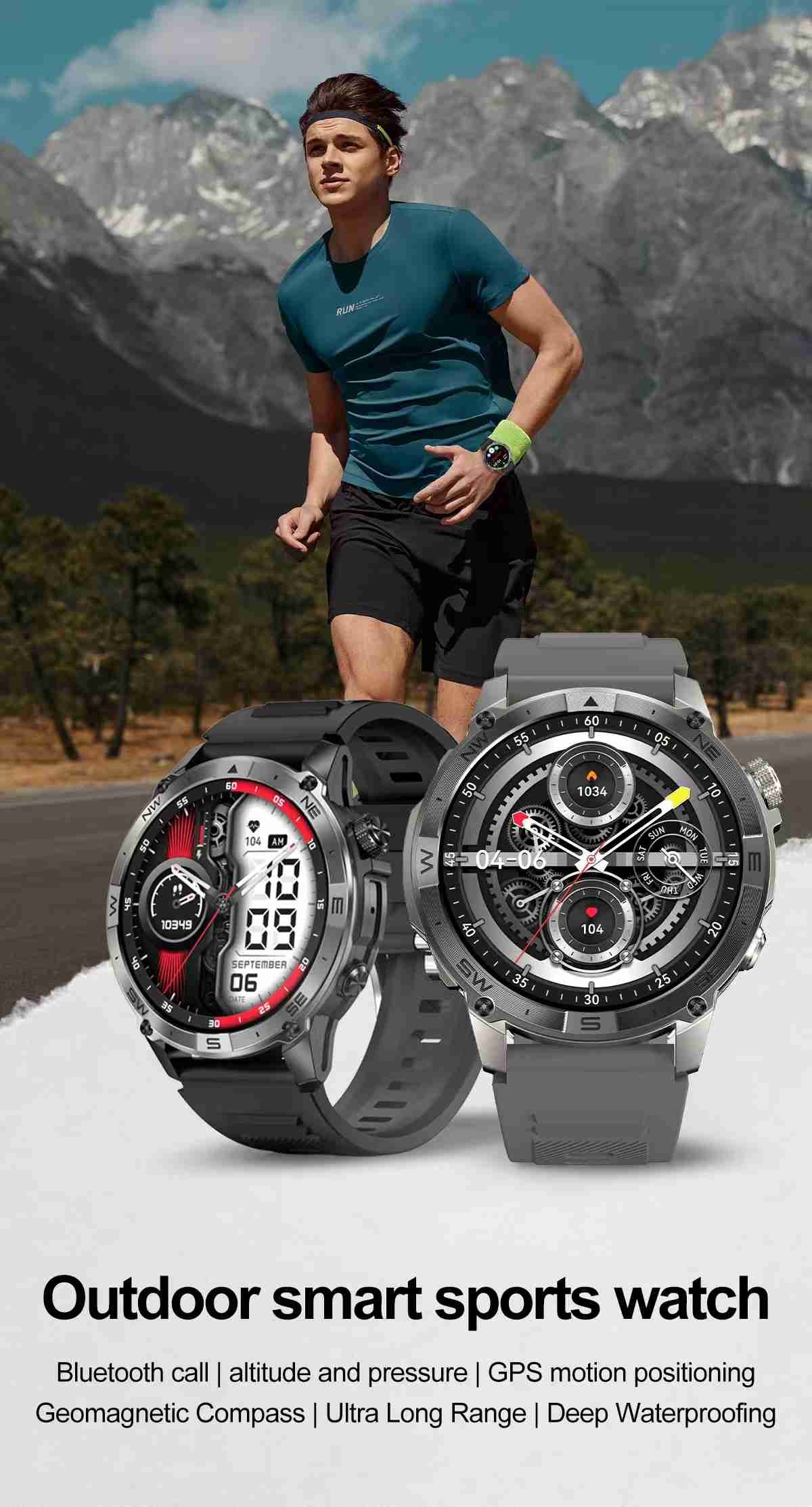 HK08 Android Sport Smart Watch 1.43inch Amoled Outdoor GPS and Altitude Waterproof