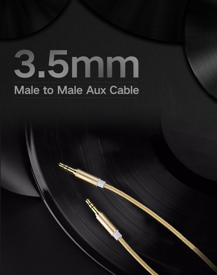 24K Gold Plating Stereo Aux Cable Nylon Weave 3.5 Mm Auxiliary Audio Cable