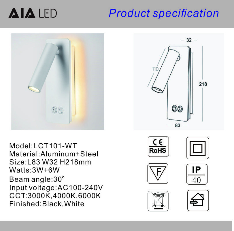 Reading Wall Lamp Reading room 3W Bedside Bedroom ambient lighting book Room Lighting hotel Fixture Sconce For villa