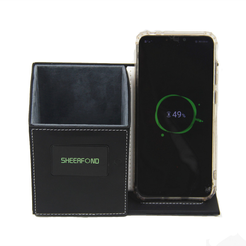 Custom Logo LED Lights Leather Pen Holder Multiscene With Phone Charger Nonslip