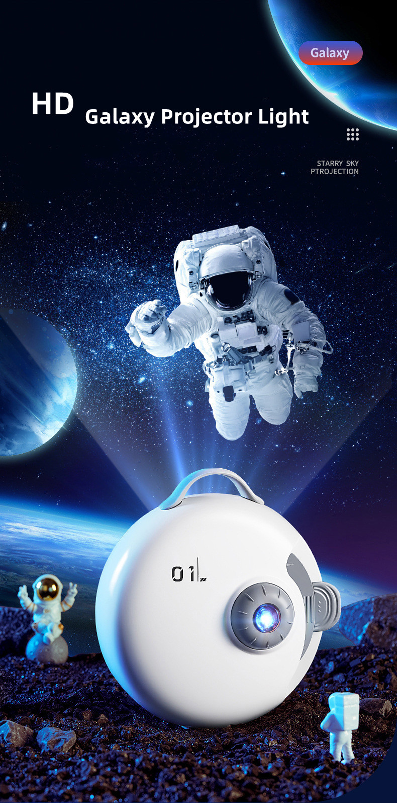 2022 Kids Favorite HD Galaxy Projection Lamp Romantic Starry Bedside Atmosphere Lamp Built-in 8 White Noise Songs