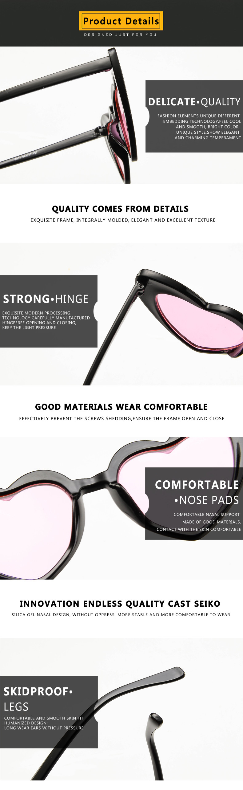 Plastic Designer Female Lady Fashion Heart Sunglasses Multi Colors 155MM
