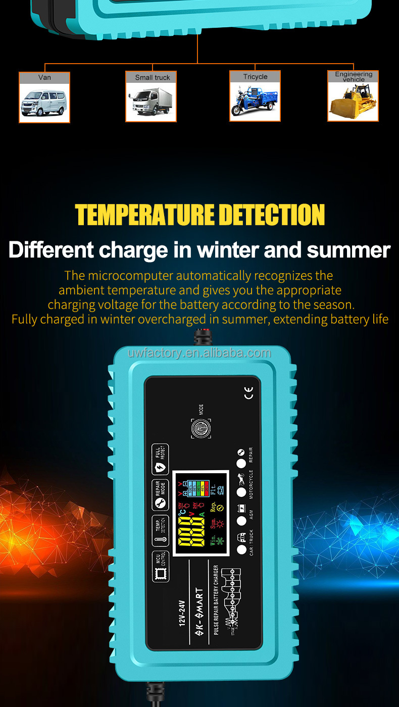Fast Charging Speed 7-Stage Auto Lead Acid Battery Charger 12V 6A 24V 3A for LiFePO4 Lithium 12V/24V Motorcycle Battery