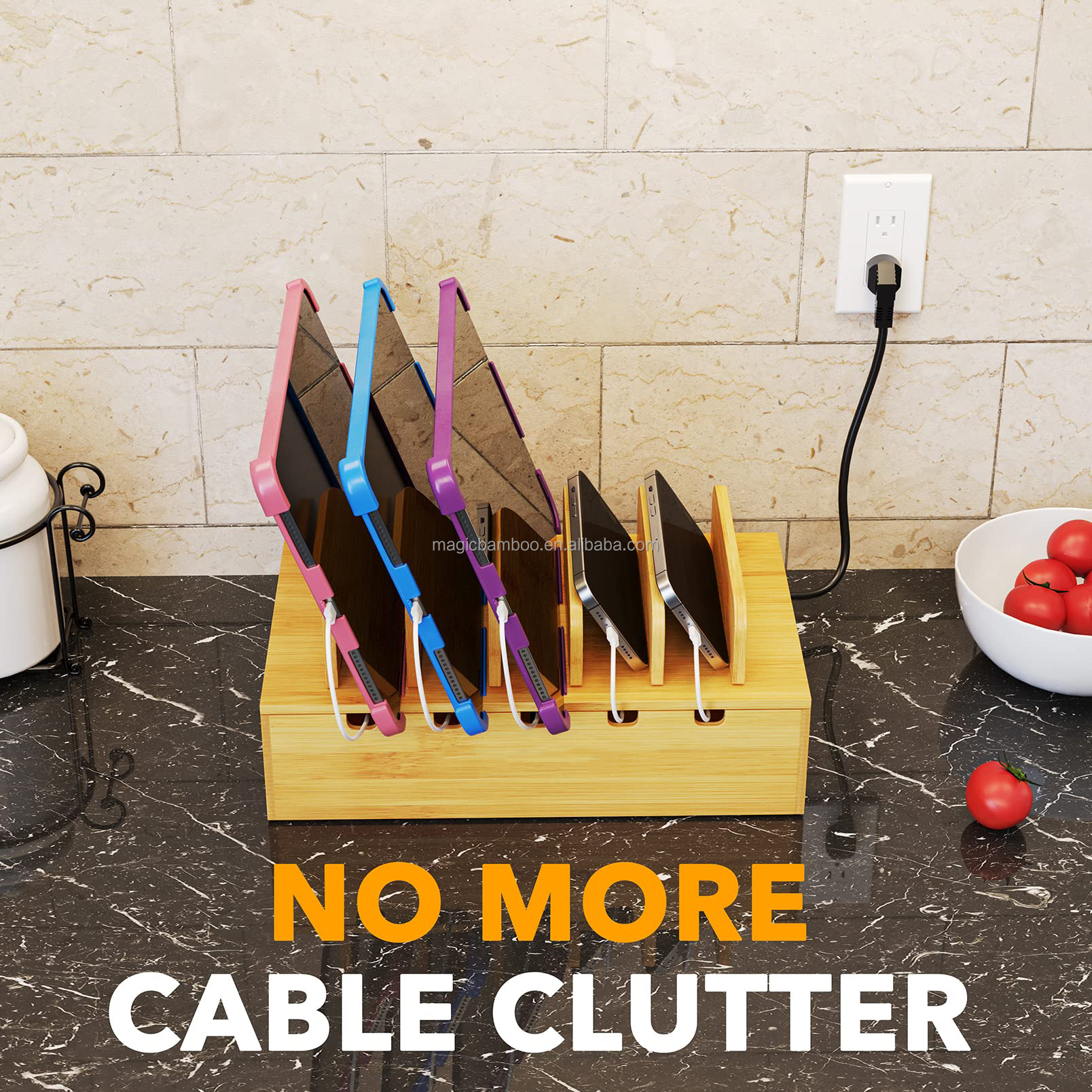 Highly Customized Bamboo Charging Station for Multiple Devices Device Cable Organizer