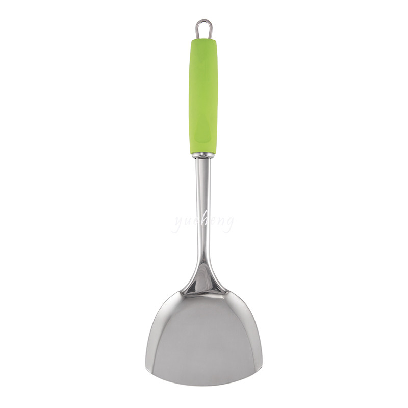 6pieces kitchen tools with Soft handle Green color handle with tray soup scoop Pasta Server Spoon Draining Spoon Slotted