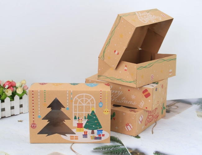 Christmas style biodegradable paper food packaging box,PVC open Gift Biodergradable paper food packaging