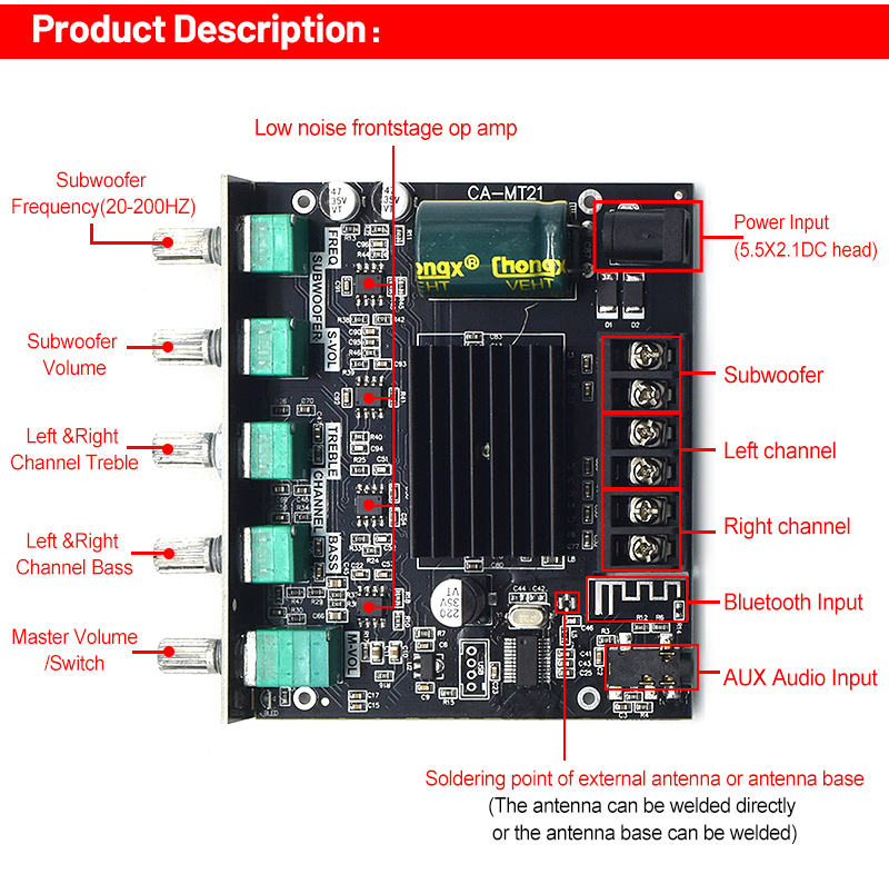 ZK-MT21 2.1 Channel Subwoofer Amplifier Module 5.0BT 12V 24V 2*50W+100W Power Home Use Plastic Board for Speaker System