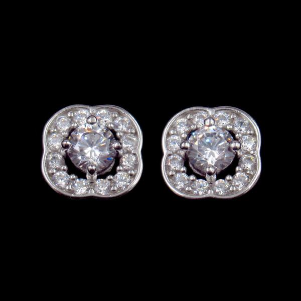 Pave Diamond Square Shaped Sterling Silver Stud Earrings For Girls / Silver