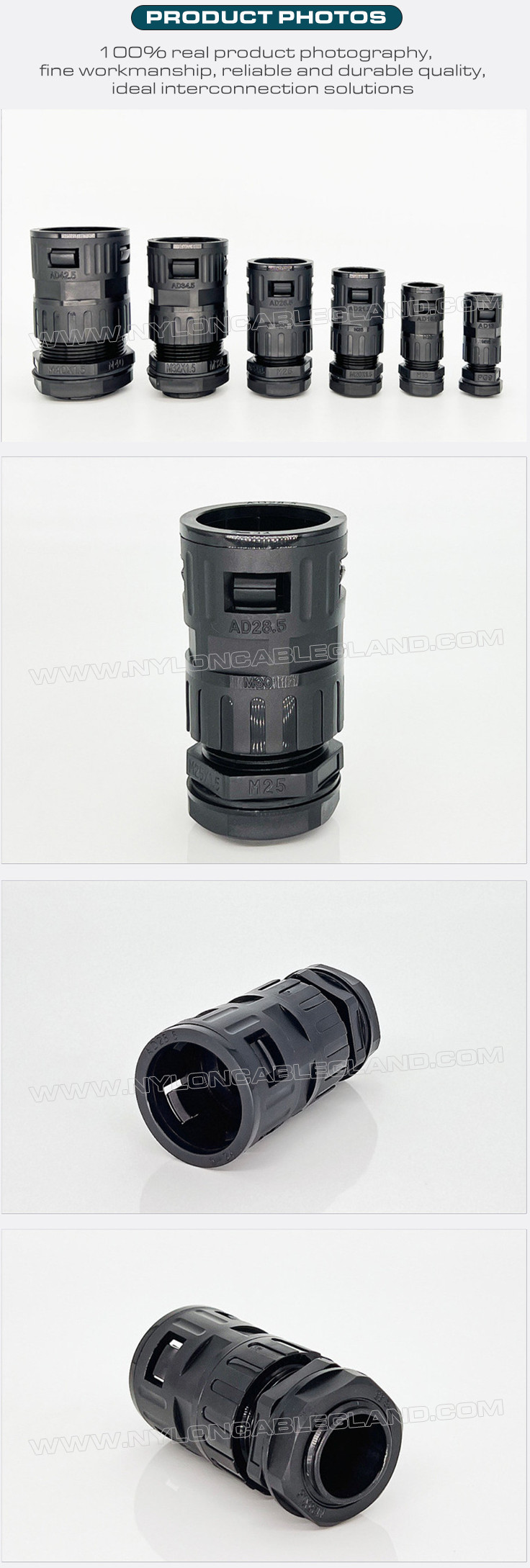 Internally Threaded Straight Connectors (Tube Connectors) Nylon 6 Black Connecting Flexible Tubes AD10~AD42.5 & Metric/PG Cable Glands for Cable