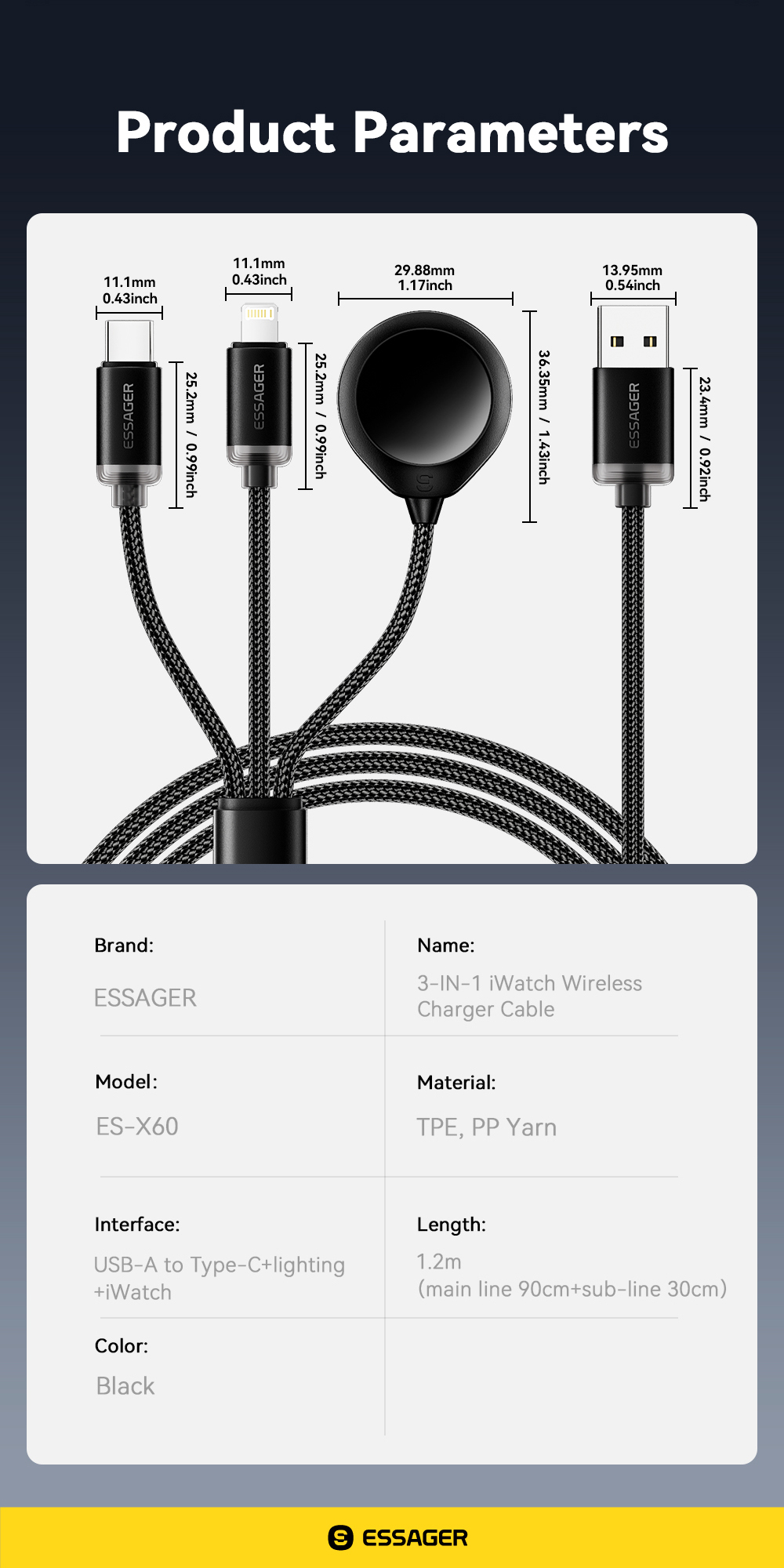 TPE USB A To USB C + L + Watch Cable 3 In 1 Charging Cable 3A ES-X60 Series